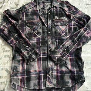 Affliction Men’s Black & Red Plaid Button-Up Shirt
